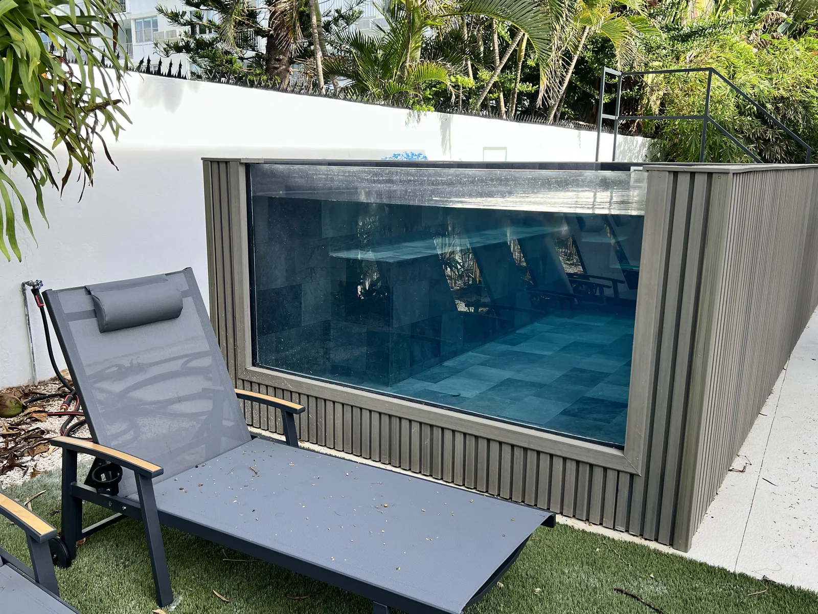 The glass-walled pool from the garden